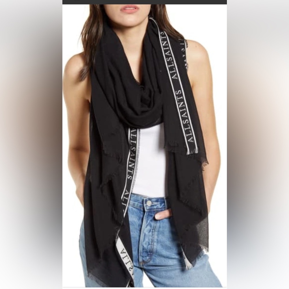 All Saints Black Logo Selvedge Scarf-New